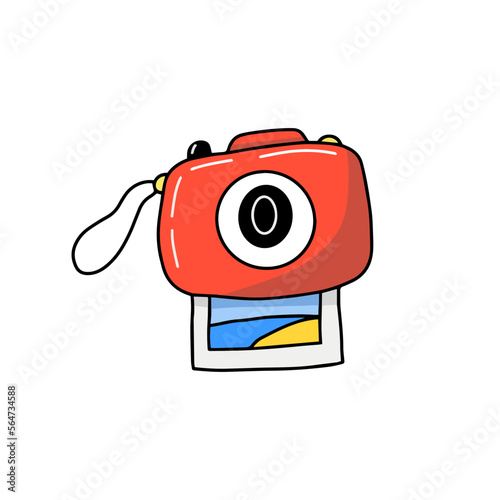 Drawing cute illustration red vintage polaroid retro camera print instant photo beach memory flat doodle style isolated on white background