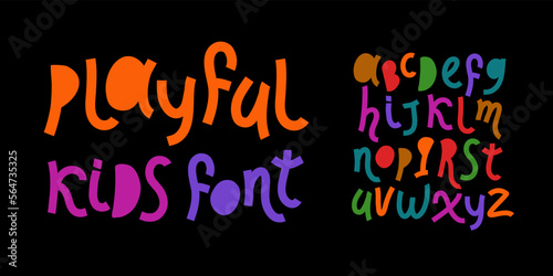 Playful font style, childish vector illustration of alphabet letters. Hand drawn colorful letters.