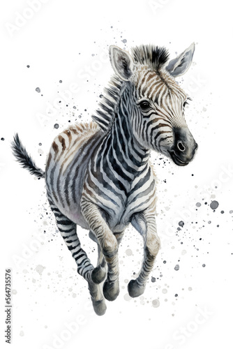 Baby Zebra portrait watercolor painting illustration. Generative AI.