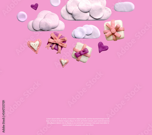 Poster or banner with clouds, gift boxes and plasticine hearts on a light pink background. template or background for love and valentine's day concept. 
