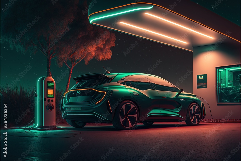 A futuristic hightech electric car charging at night, the dominance of