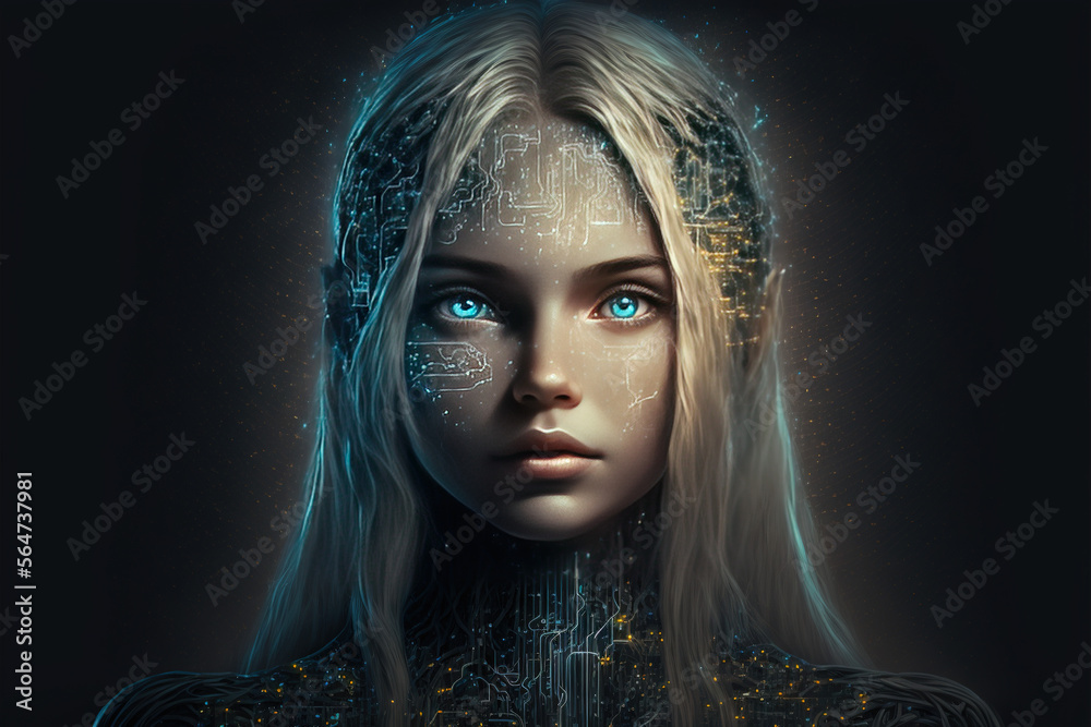 Artificial intelligence, a humanoid cyber girl with a neural network thinks. Portrait of humanoid. AI illustration Artificial intelligence, a humanoid cyber girl with a neural network thinks. Portrait of humanoid. AI illustration
