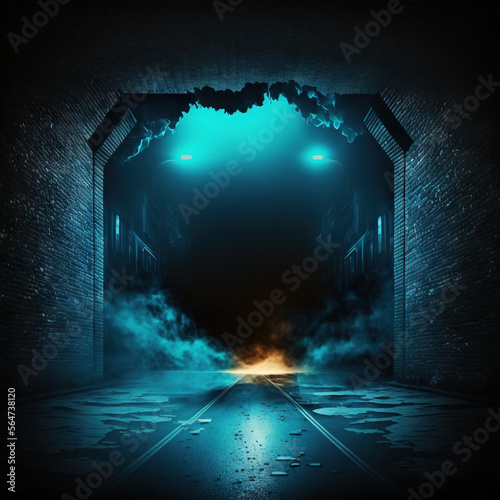 Dimly lit tunnel and road leading toward darkness. AI illustration