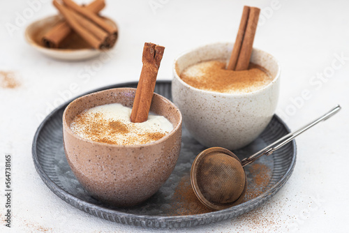 Traditional hot drink salep on background, selective focus
