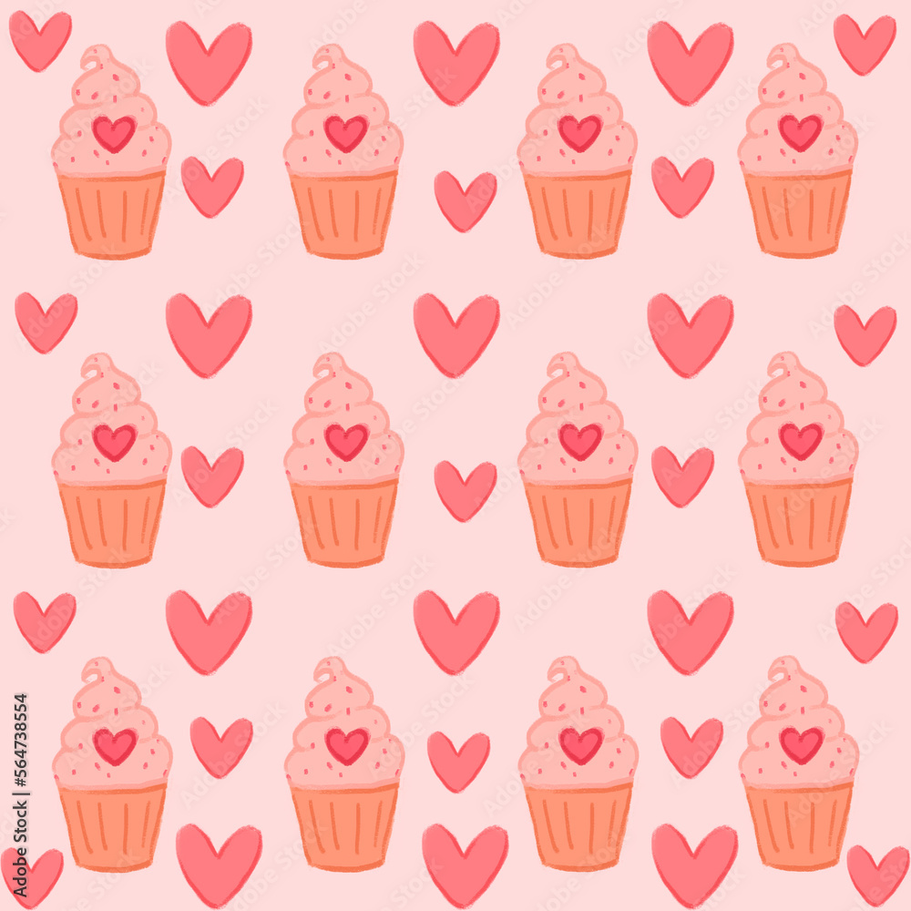 Cute pink sweet seamless pastel retro pattern backdrop background for romantic lovely Valentine's Day design, illustration of love, cupcakes and hearts Cute pink sweet seamless pastel retro pattern backdrop background for romantic lovely Valentine's Day design, illustration of love, cupcakes and hearts