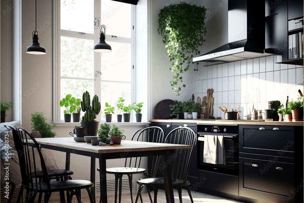 Scandinavian style interior kitchen with natural wood dining table and dark grey color furniture full of tableware and herbs and potted plants illuminated in the morning sunshine through a window