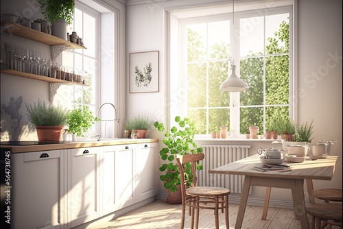 Scandinavian style interior kitchen with natural wood dining table and white color furniture full of tableware and herbs and potted plants illuminated in the morning sunshine through a window
