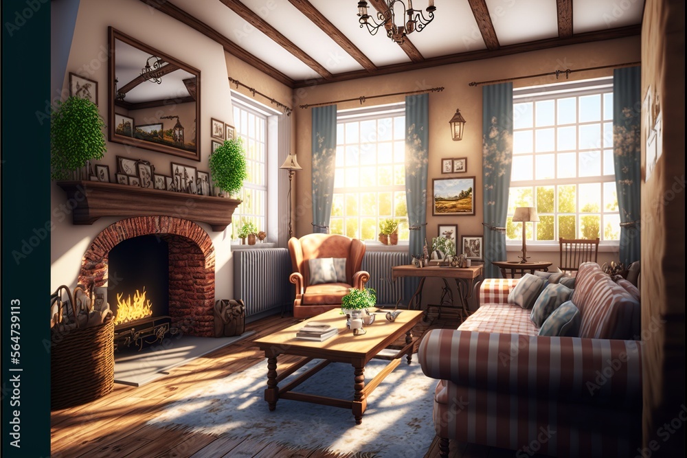 Country interior style living room with fireplace and with natural wood furniture and a big carpet, a cozy sofa, a big mirror and potted plants illuminated brightly with sunshine through a big window