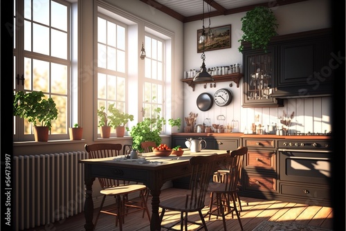 Country style interior kitchen with natural wood dining table and furniture full of tableware and herbs illuminated in the morning sunshine through a window