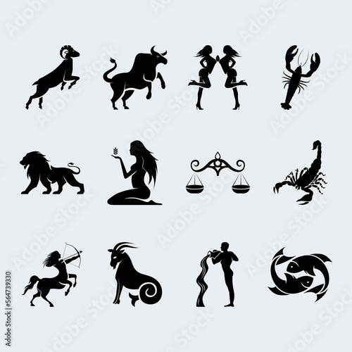 Black zodiac symbols flat icons illustration. Silhouette black horoscope signs. Astrological signs