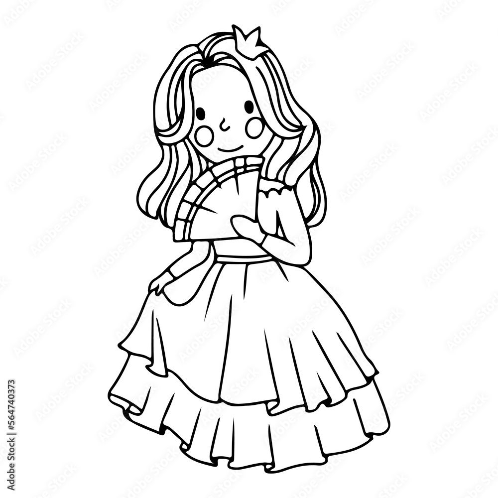 Cute princess in a ball gown. Coloring book A girl in a magical costume. Middle Ages. Vector illustration isolated on white background. Cute princess in a ball gown. Coloring book A girl in a magical costume. Middle Ages. Vector illustration isolated on white background.