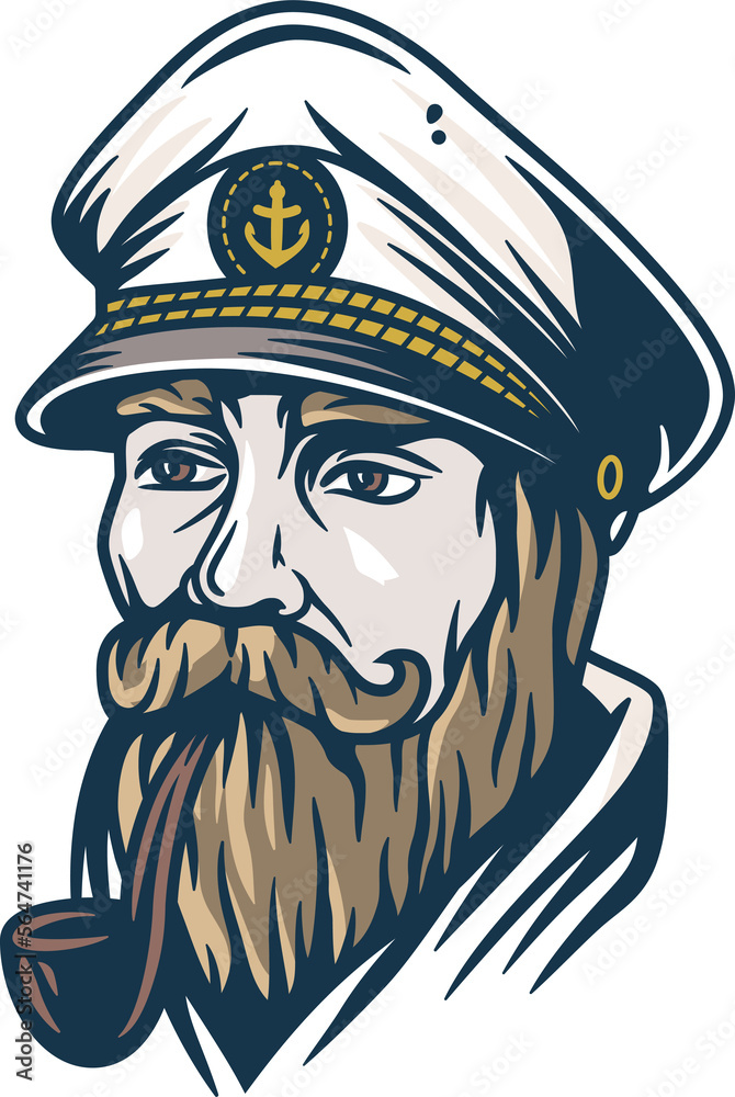 Bearded ship captain with a pipe and peaked cap for marine nautical design