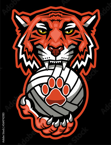 tiger mascot biting volleyball for school, college or league sports