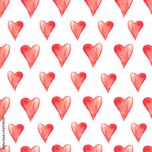 Watercolor seamless pattern with red hearts. Hand drawn illustration isolated on white background.