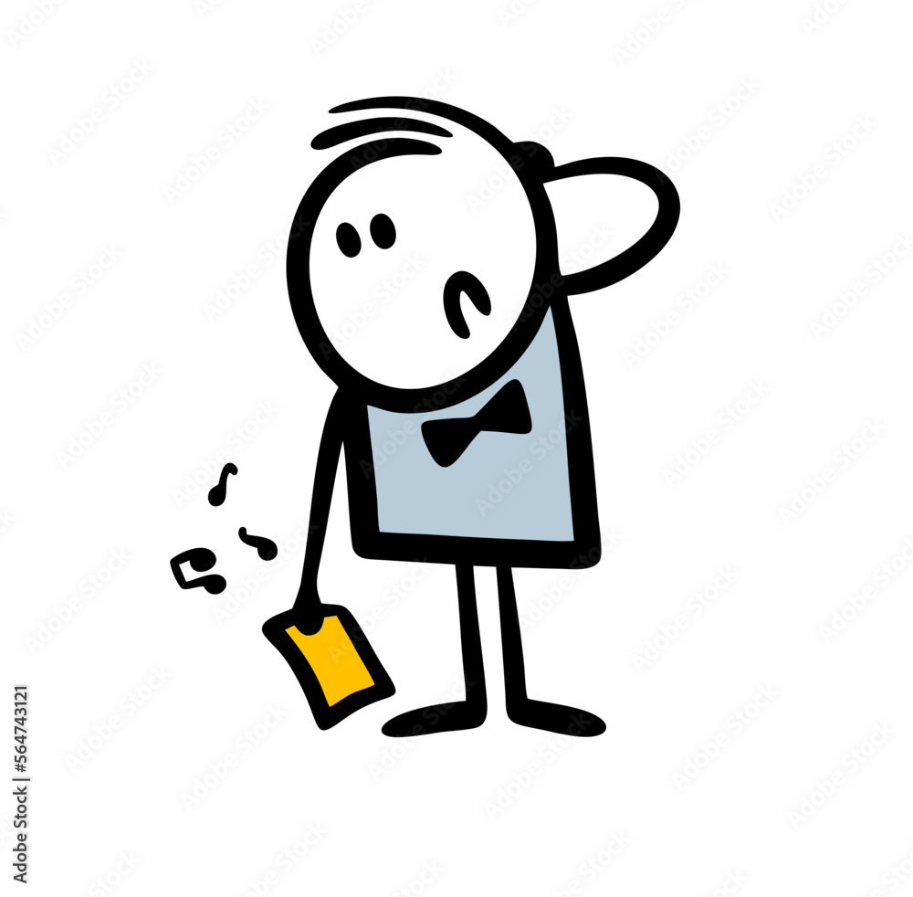 Doodle sad young musician and composer looks puzzled at a sheet of paper with notes. Doodle sad young musician and composer looks puzzled at a sheet of paper with notes.