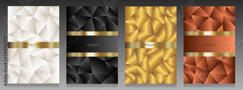 Luxury cover set. White, black, gold and copper background with metallic triangles. Abstract geometric pattern, vector illustration.