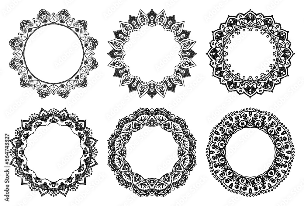 Obraz premium Hand drawn set of decorative round frames for design with floral ornaments. Circle mandala frame. Templates for printing postcards, invitations, books, textiles, yoga, invitation, graphic design