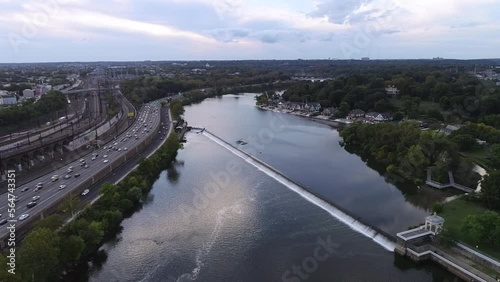 Fairmount Dam in Philadelphia. Schuylkill River and Martin Luther King Jr Dr and Boathouse Row in background. Pennsylvania photo