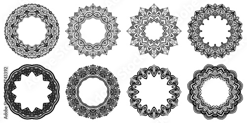 Hand drawn set of decorative round frames for design with floral ornaments. Circle mandala frame. Templates for printing postcards, invitations, books, textiles, yoga, invitation, graphic design