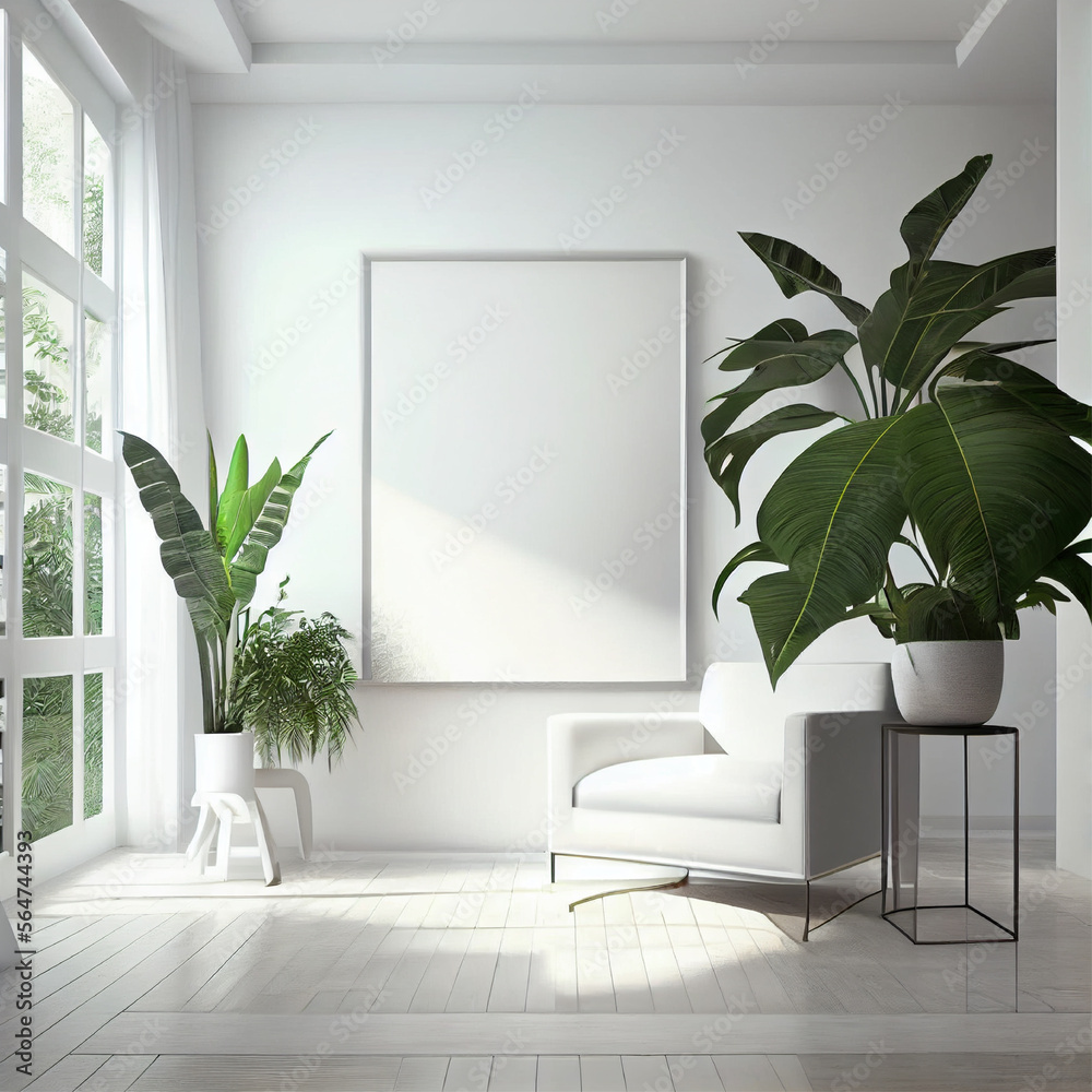 Mockup of a blank vertical wall art poster frame hanging on the wall of a living room with white armchairs and beautiful big plants | Interior design and décor | Generative Ai | Minimalist style Mockup of a blank vertical wall art poster frame hanging on the wall of a living room with white armchairs and beautiful big plants | Interior design and décor | Generative Ai | Minimalist style