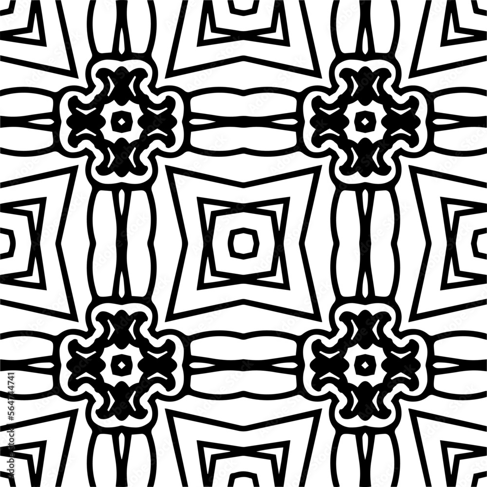 Fototapeta premium Vector pattern in geometric ornamental style. Black and white color. Simple geo all over print block for apparel textile, ladies dress, fashion garment, digital wall paper.