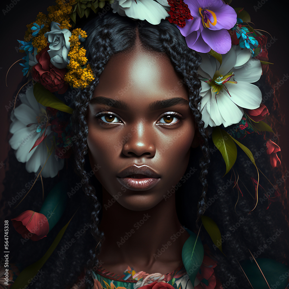 Portrait of sensual african american woman with flowers in hair, AI ...