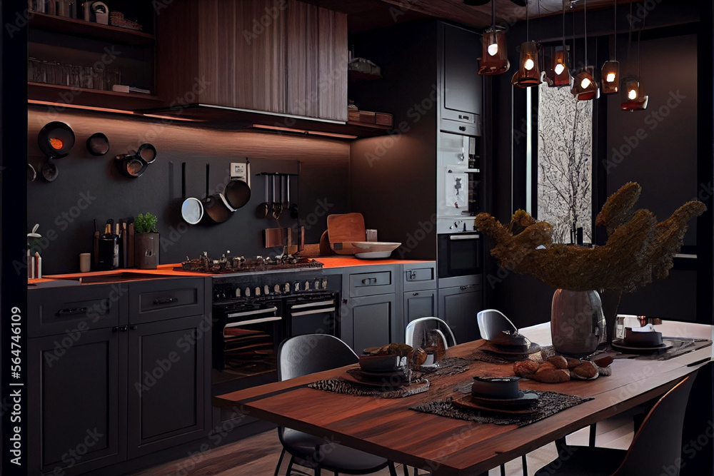 Interior of a modern, luxurious and stylish kitchen | Dark theme Kitchen with dining table| Interior décor | Generative Ai | Dark theme walls | Modern furniture 