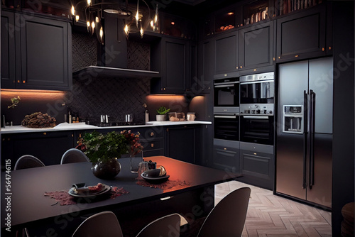 Interior of a modern, luxurious and stylish kitchen   Dark theme Kitchen with dining table  Interior décor   Generative Ai   Dark theme walls   Modern furniture  © MuhammadAns