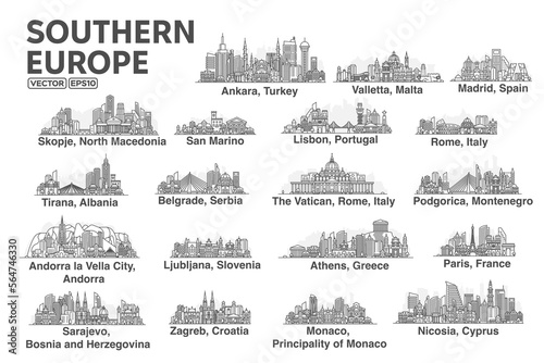All capitals of Southern Europe. Cities in a linear style with famous views and landmarks. Editable stroke. Skyline city line illustrations. #564746330
