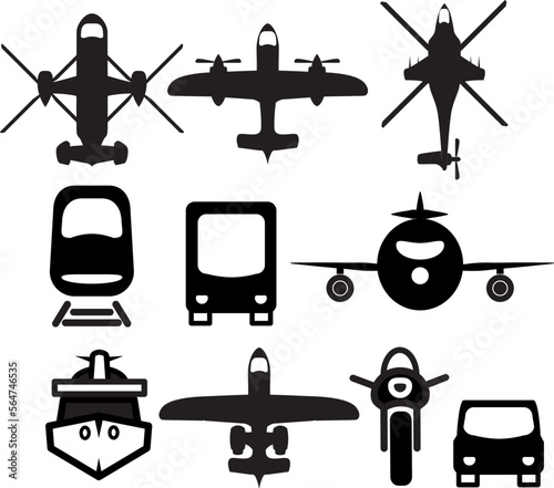 Transport icons. Airplane, Public bus, Train, Ship/Ferry and auto signs. Shipping delivery symbol. Air mail delivery sign. Vector photo