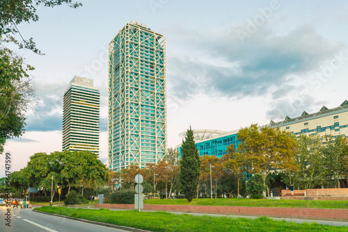 Modern skyscrapers on Park Placa dels Voluntaris Olimpics, Barcelona, Catalonia, Spain photo