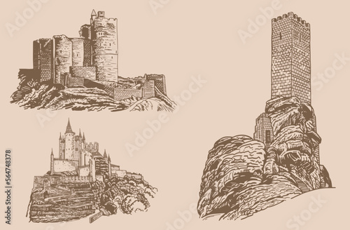 Graphical vintage set of medieval catles, vector sepia illustration.Architecture
