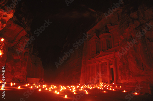 Petra Treasury lit by candles, Egypt. photo