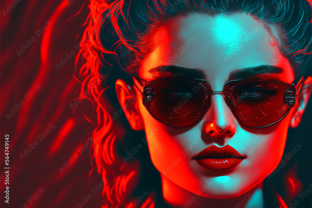 AI Generated image of a neon close up portrait of young woman in red with sunglasses