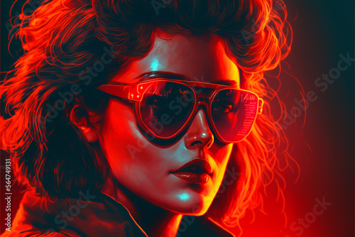 Generative AI illustration of a neon close up portrait of young woman in red with sunglasses