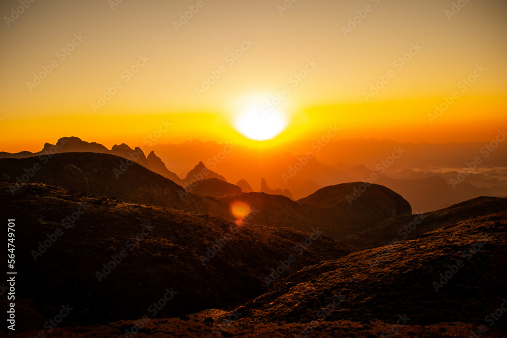 Beautiful sunrise, in the Serra dos Orgãos in Brazil amidst the mountains. Perfect landscape.