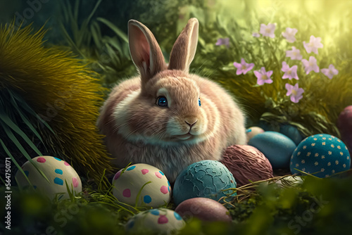 fluffy bunny with colored easter eggs with nature background. Generative AI