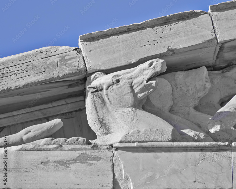 Detail of Parthenon pediment with the horses of the Sun God. The famous ...