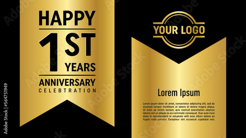 1st anniversary template design concept with golden ribbon. Vector Template illustration