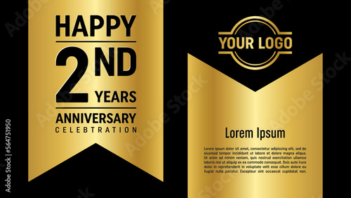 2nd anniversary template design concept with golden ribbon. Vector Template illustration