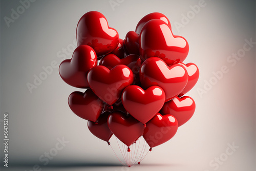 Palloncini rossi riflettenti a forma di cuore per San Valentino su sfondo bianco generati dall'AI photo