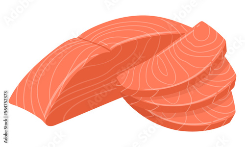 Cartoon sashimi slices. Red fish pieces, delicious sliced salmon flat vector illustration on white background