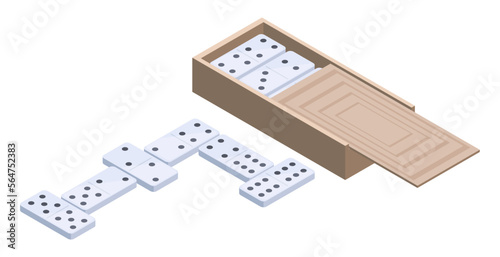 Isometric domino game. Table gaming, recreation dominoes in wooden box 3d vector illustration on white background