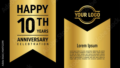 10th anniversary template design concept with golden ribbon. Vector Template illustration