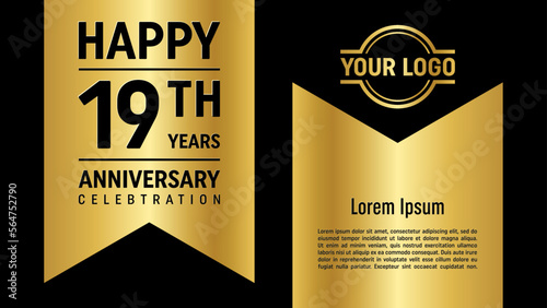 19th anniversary template design concept with golden ribbon. Vector Template illustration