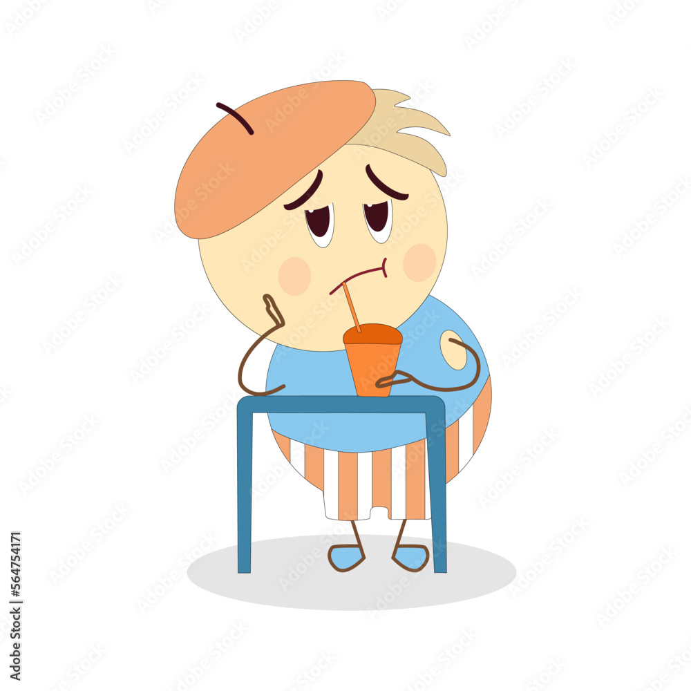 Cartoon bored character standing at high table drinking from straw. Comic vector illustration.