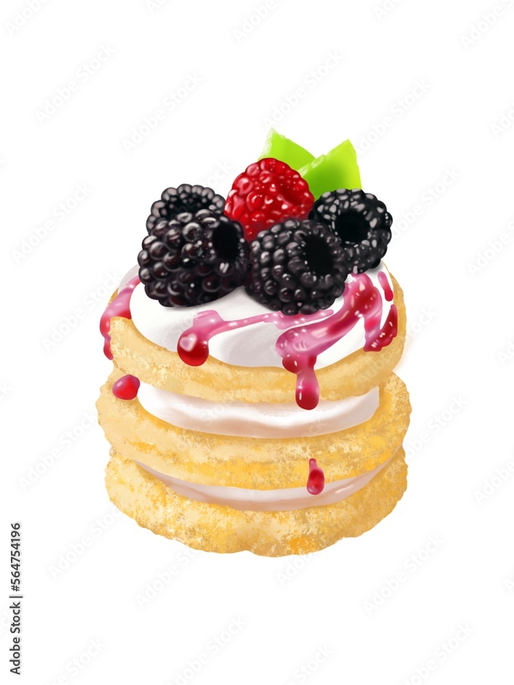 Cake with cream and blackberries red and black with green kiwi slices with drops of pink syrup on a white background, digital drawing. Cake with cream and blackberries red and black with green kiwi slices with drops of pink syrup on a white background, digital drawing.