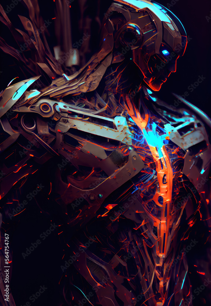 Fototapeta premium Robot with high-tech armour - Generative AI illustration