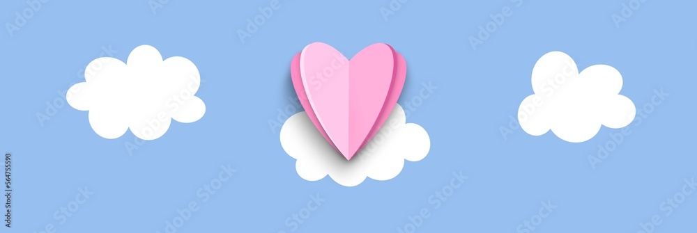Pink Heart Paper Cut illustration, Heart Shaped on sky background with white clouds, banner, borderline, border, valentine’s day border, baby shower, girl 