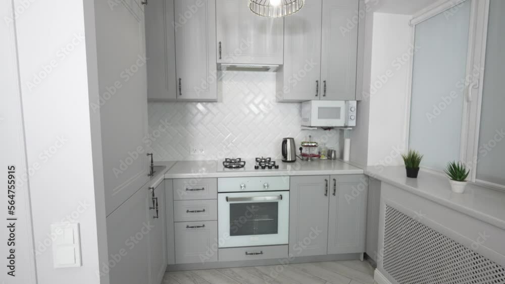 Luxury white designer kitchen, elegant marble countertop with grey markings, interior home